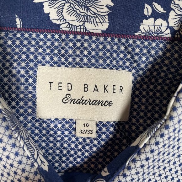 Ted Baker Endurance Navy White Printed Long Sleeve Button Up Shirt Size 16 32/33 - Picture 2 of 10